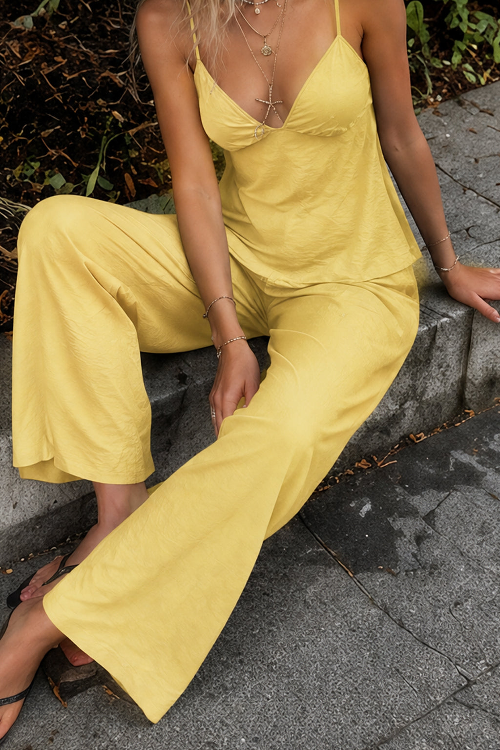 Casual Solid Cami Wide Leg Pants Set