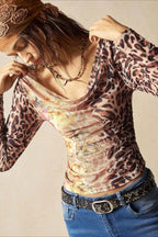 Leopard Floral Off Shoulder Mesh T-Shirt