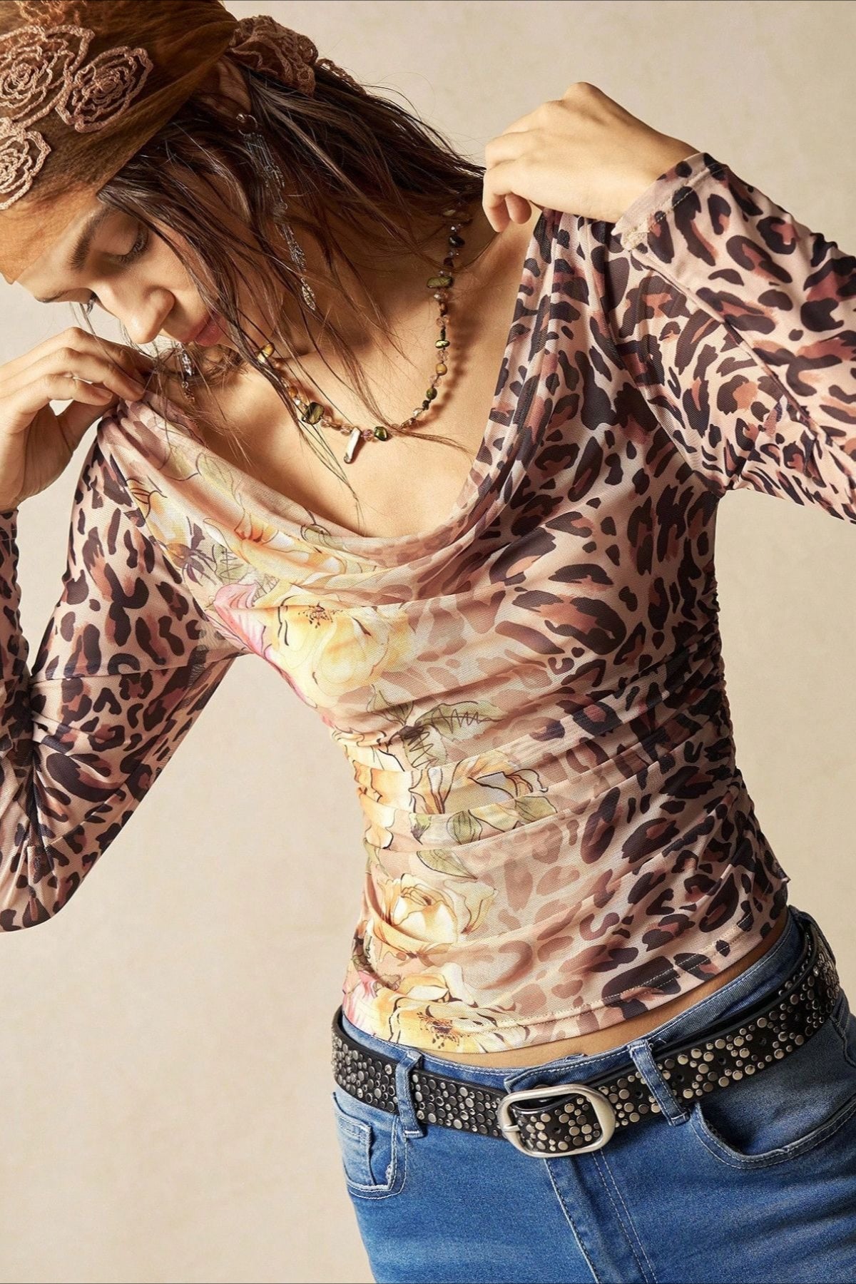Leopard Floral Off Shoulder Mesh T-Shirt