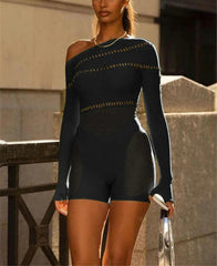 Rhinestone See Through Off Shoulder Romper