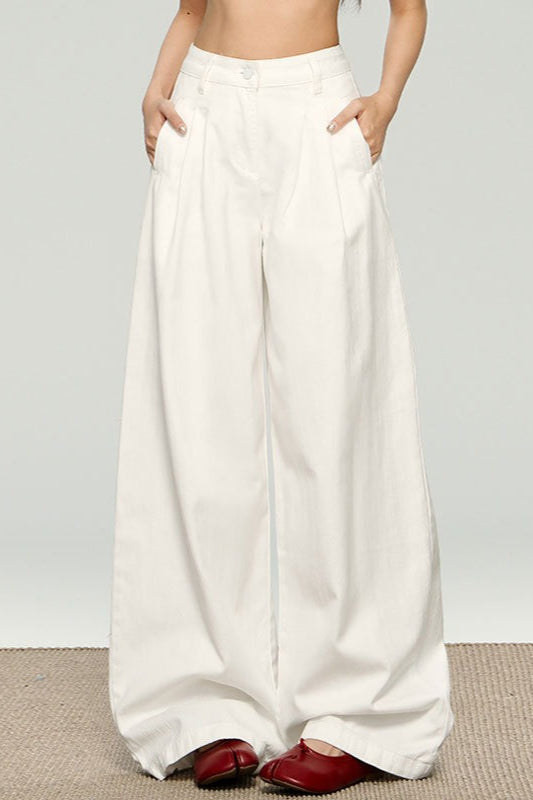 Ruched Textured White High Waist Wide Leg Pants Main image