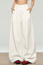 Ruched Textured White High Waist Wide Leg Pants
