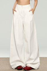 Ruched Textured White High Waist Wide Leg Pants