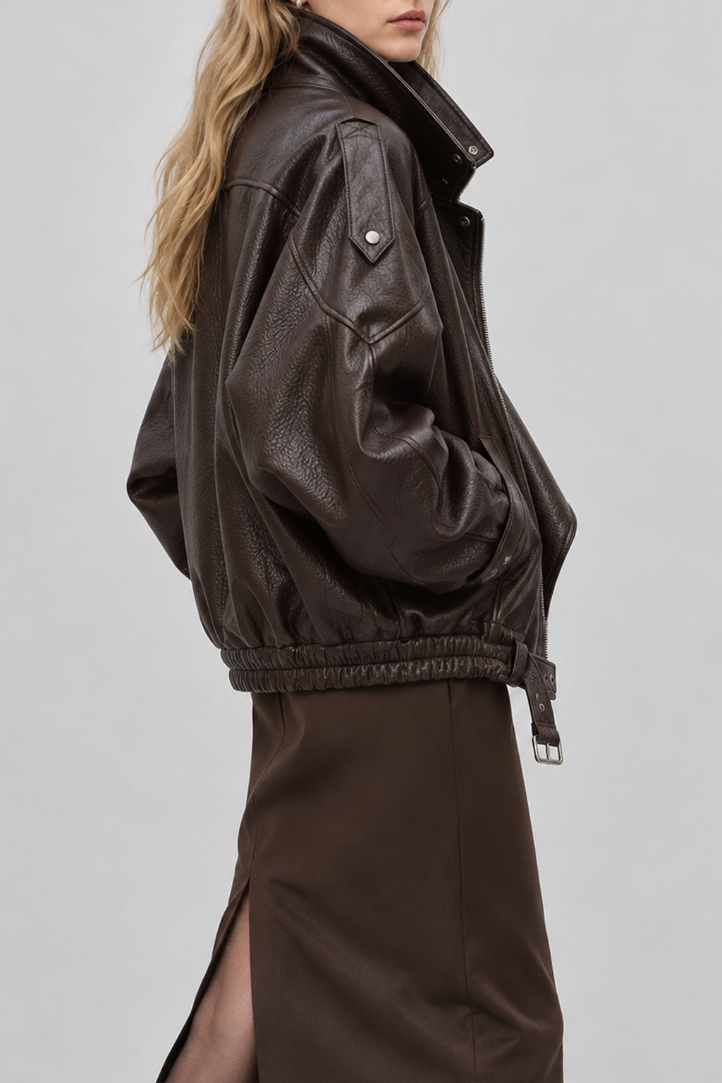 Soft PU Leather Belted Jacket