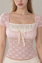 Square Neck Lace Spliced Tie Slim Blouse