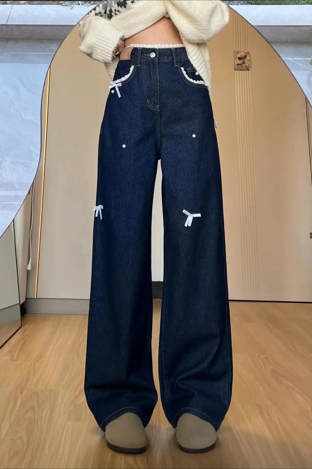 Style Lace Butterfly Knot Wide Leg Jeans Main image