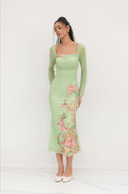 Floral Square Neck Long Sleeve Maxi Dress