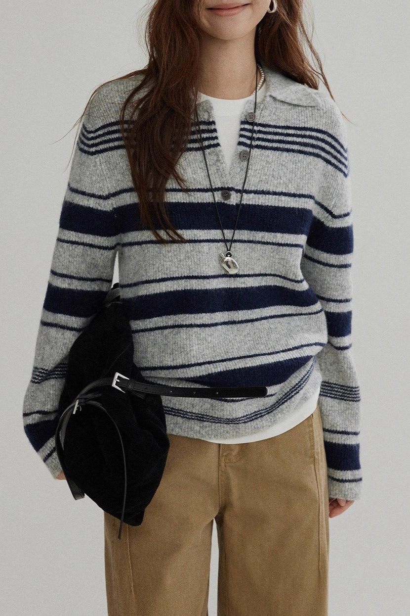 Stripe Polo Collar Knit Top Main image