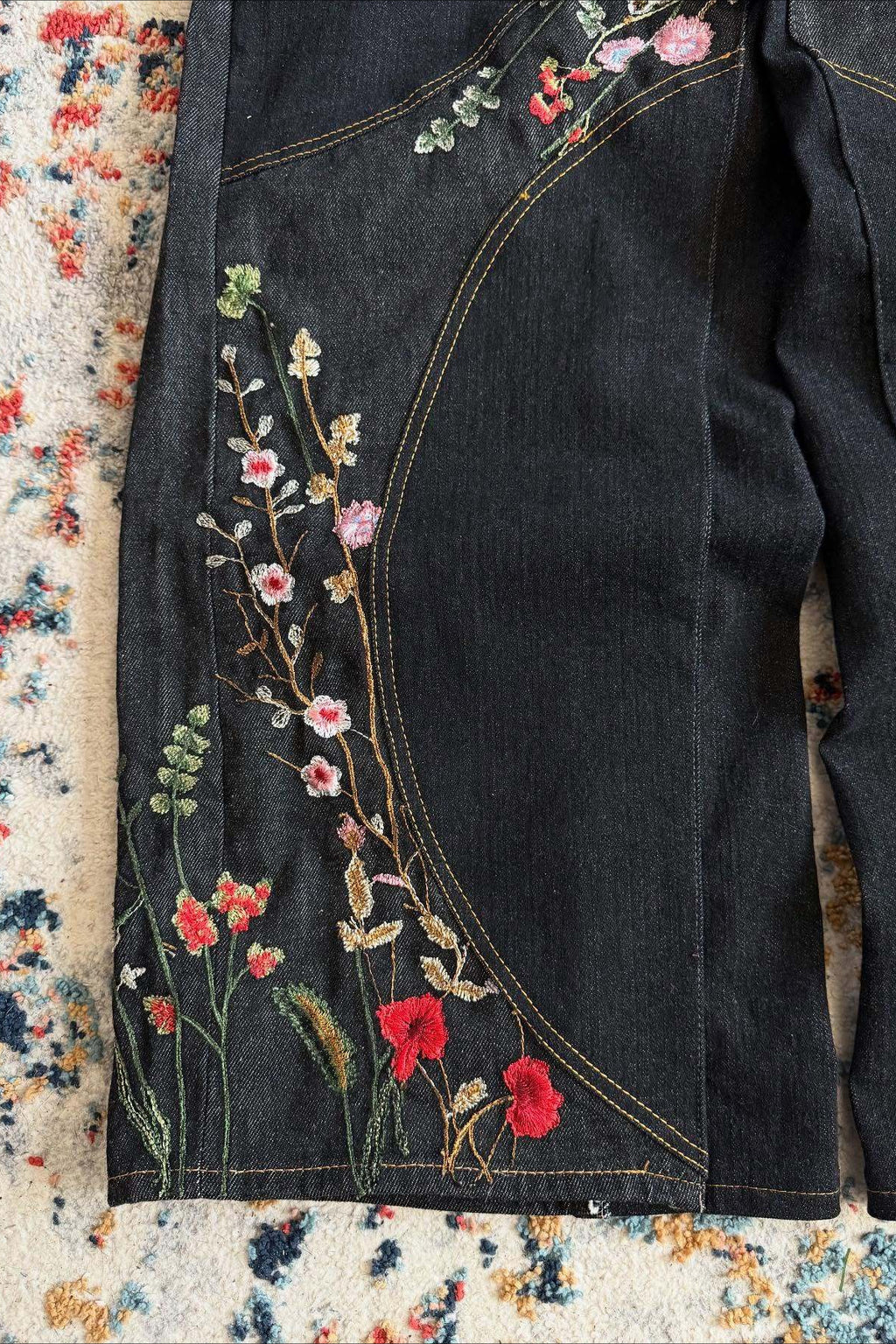 Floral Embroidered Patchwork Wide Leg Jeans