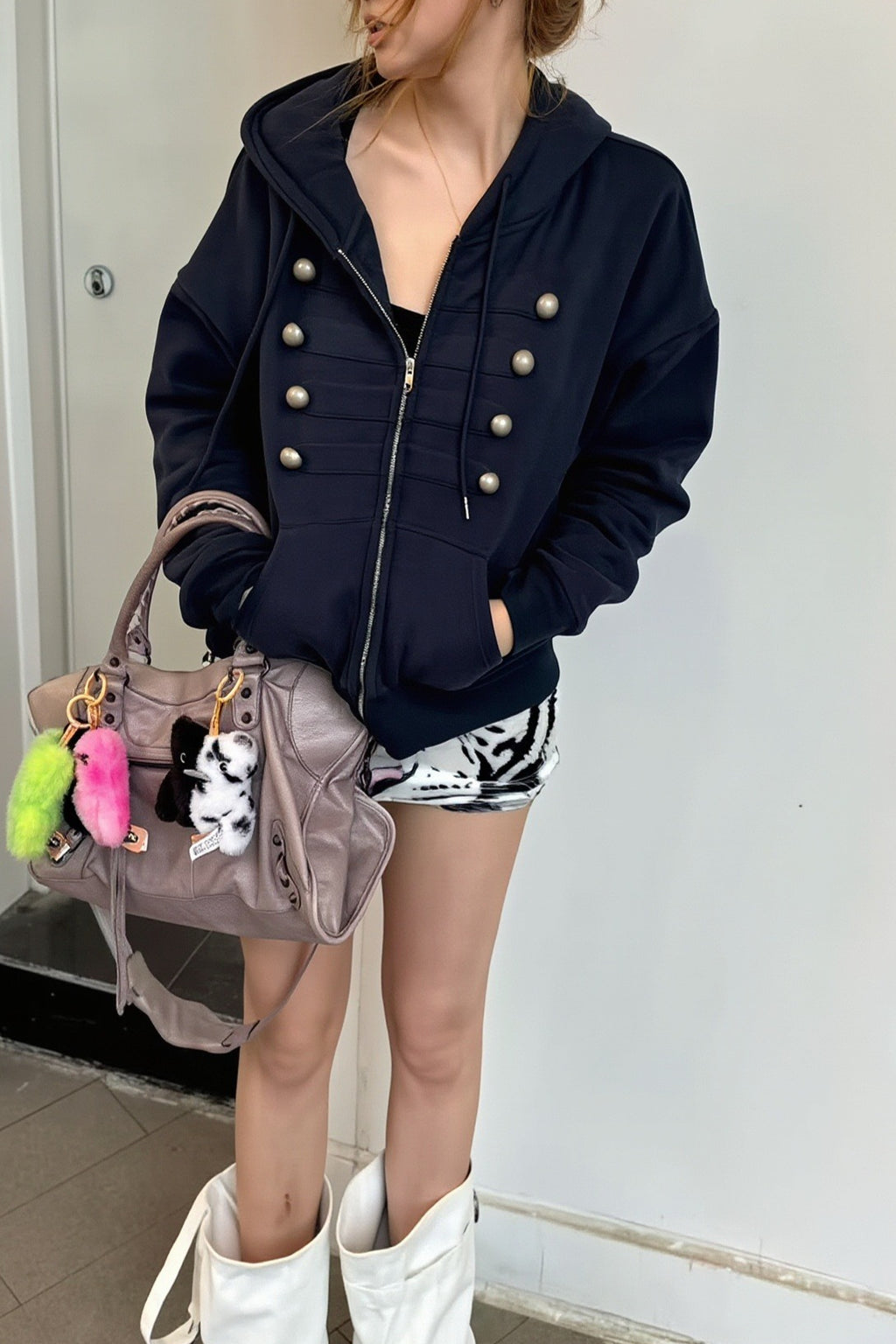 Military Button Fitted Zip Up Hoodie