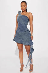 Floral Ruched Denim Dress
