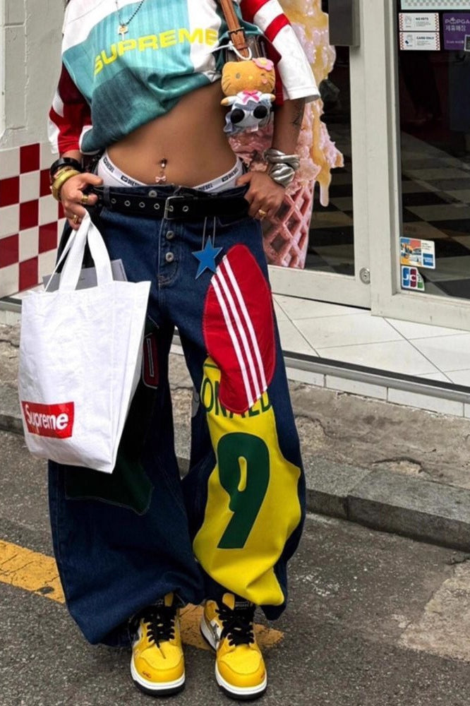 Graphic Patch Wide Leg Floor Length Trendy Hip Hop Jeans Secondary image