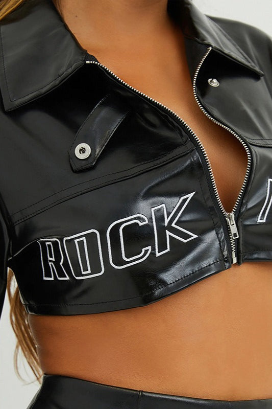Letter Print PU Panel Jacket Secondary image