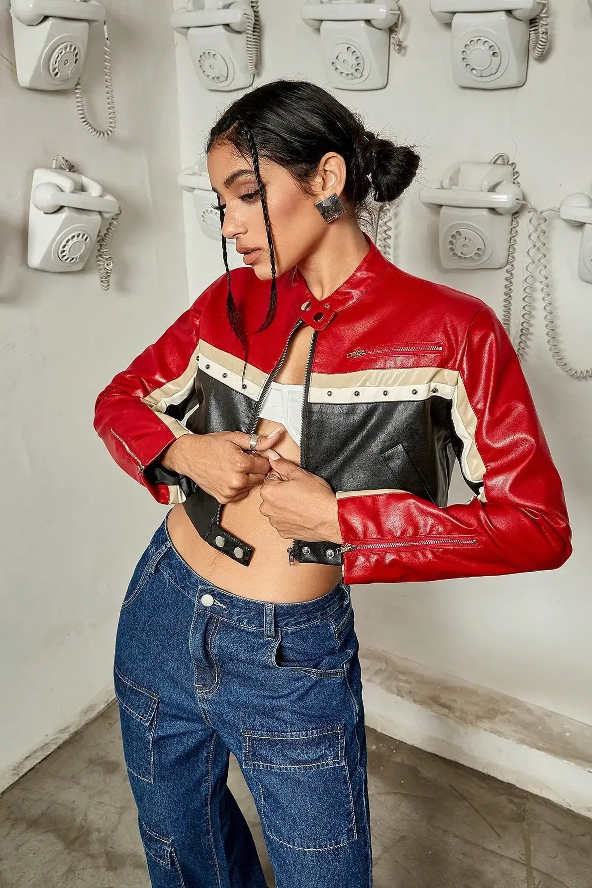 Studded Colorblock PU Moto Jacket Main image