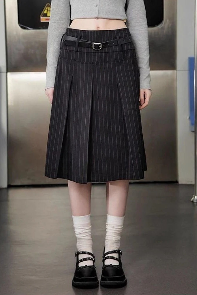 Striped Pleated Long Pencil Skirt Main image