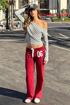 Solid Asymmetric Neck Long Sleeve Crop Top