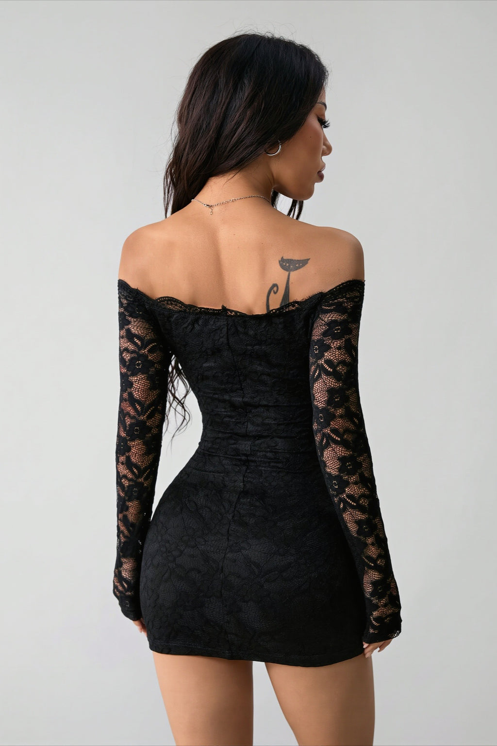 Off Shoulder Lace Long Sleeve Mini Dress