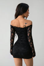 Off Shoulder Lace Long Sleeve Mini Dress