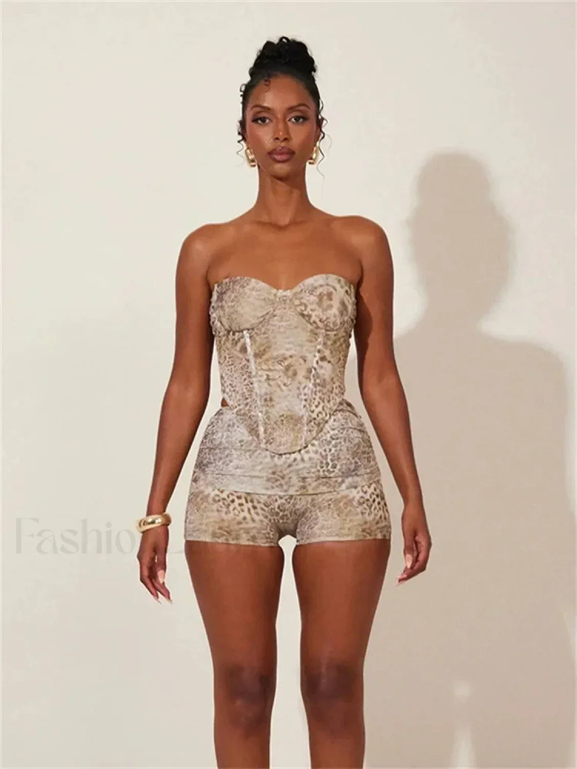 Animal Print Strapless Shorts Two Piece Set Khaki / S