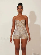 Animal Print Strapless Shorts Two Piece Set Khaki / S