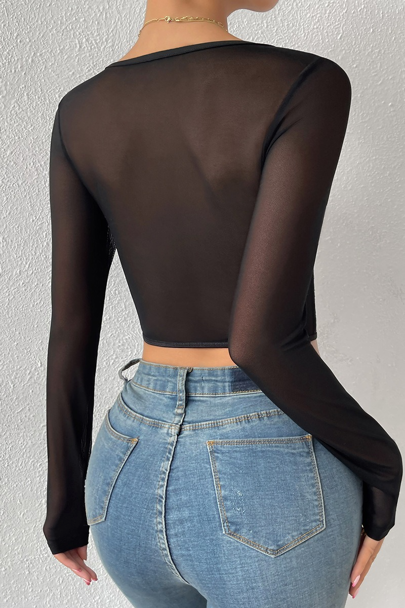 Lace Sheer Mesh Boned Buttoned V Neck Crop Top Secondary image