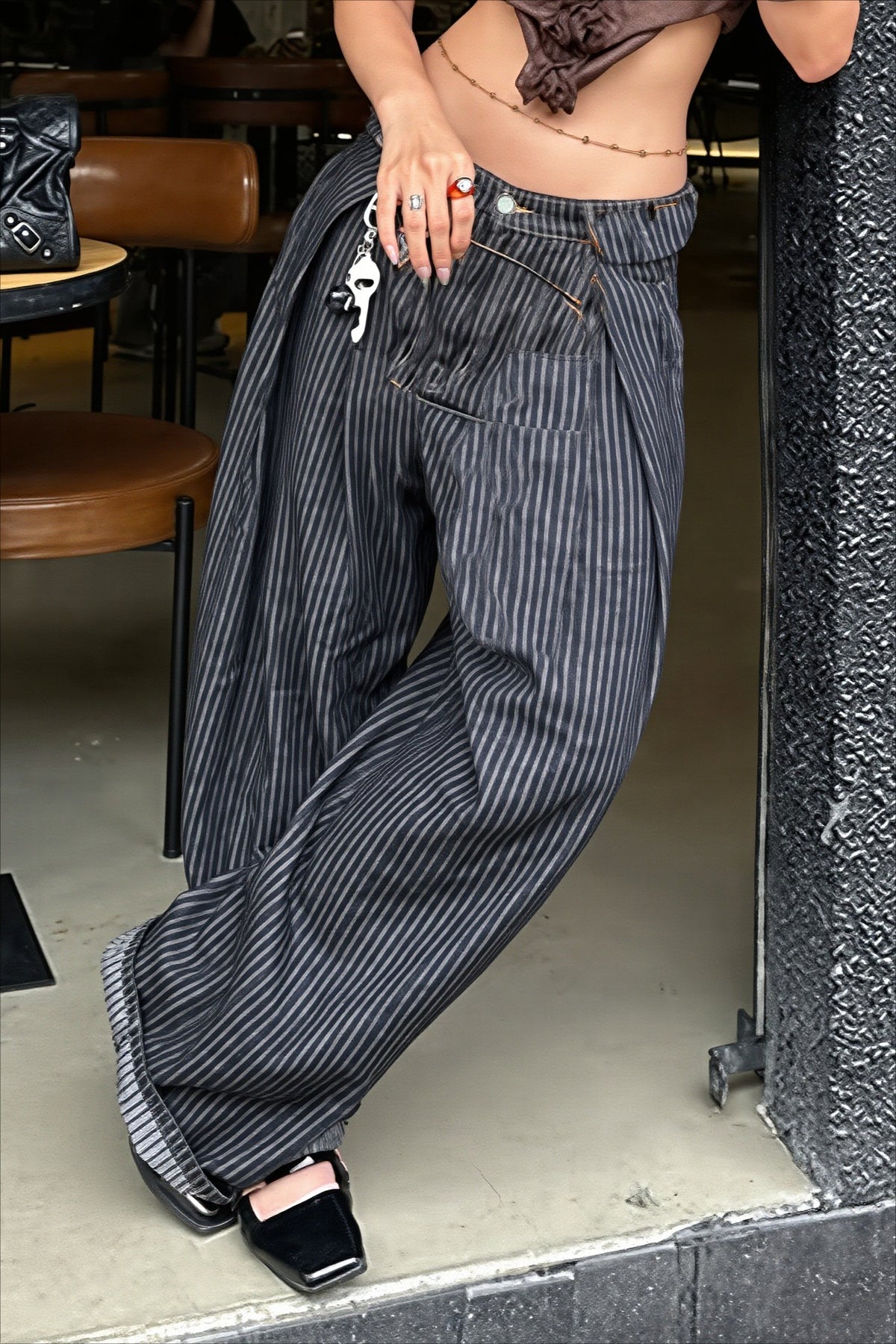 Striped Washed Curved Leg Loose Fit Pants