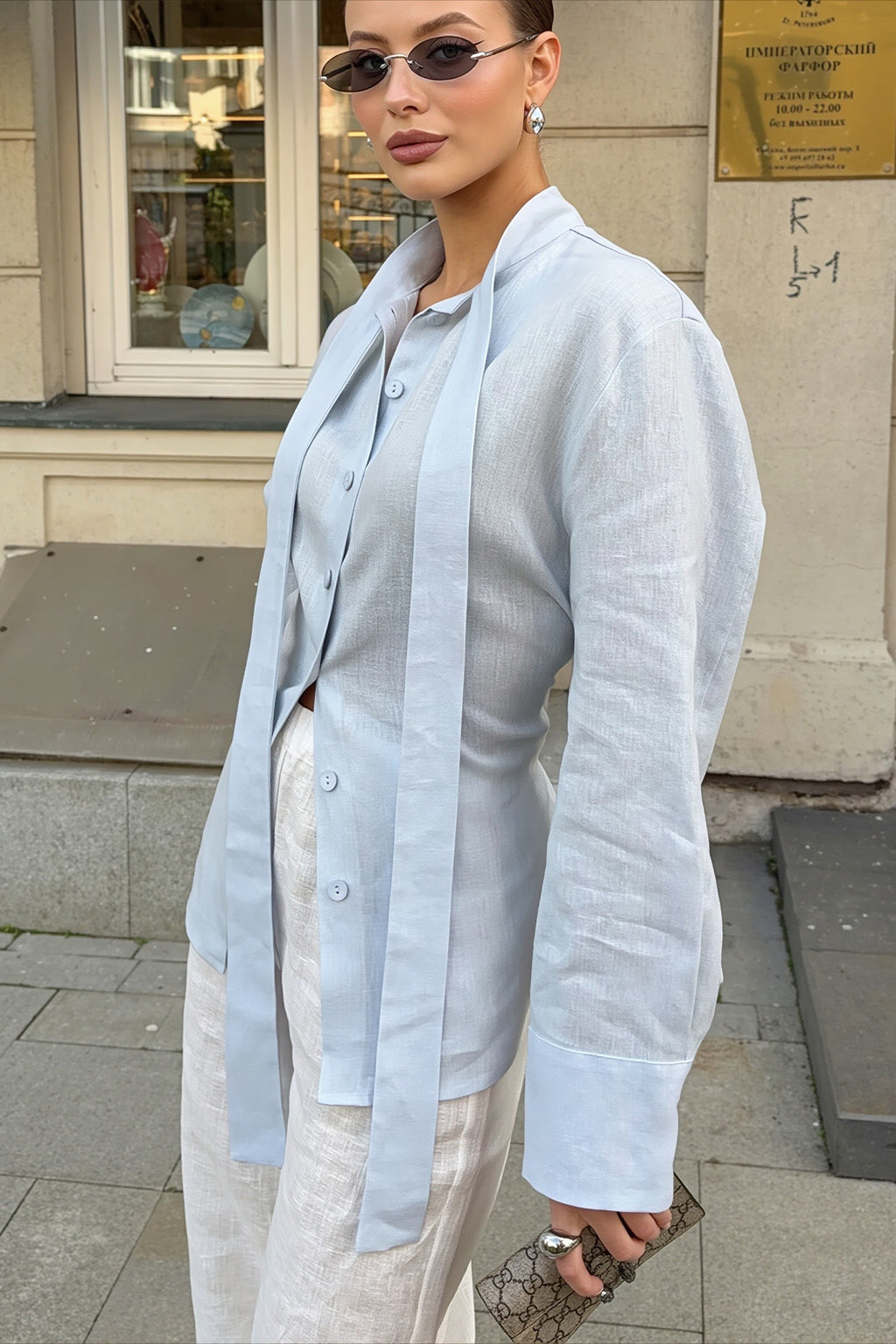 Tie Waist Solid Cotton Long Sleeve Blouse