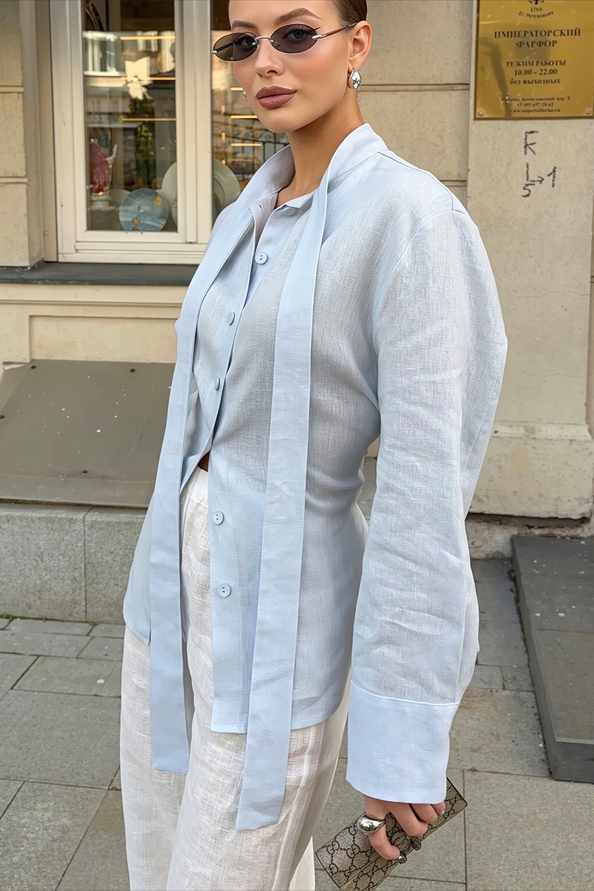 Tie Waist Solid Cotton Long Sleeve Blouse