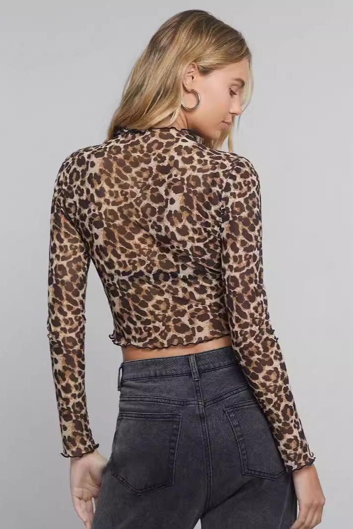 Leopard Print Stand Collar Mesh Elegant Crop Top Secondary image