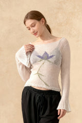 Floral Extended Sleeve Cropped Mesh Knit Sweater Top Women