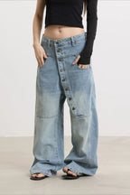 Asymmetric Button Washed Wide Leg Streetwear Jeans