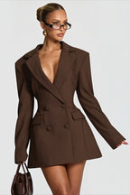 Deep V Double Breasted Cutout Waist Blazer Coat