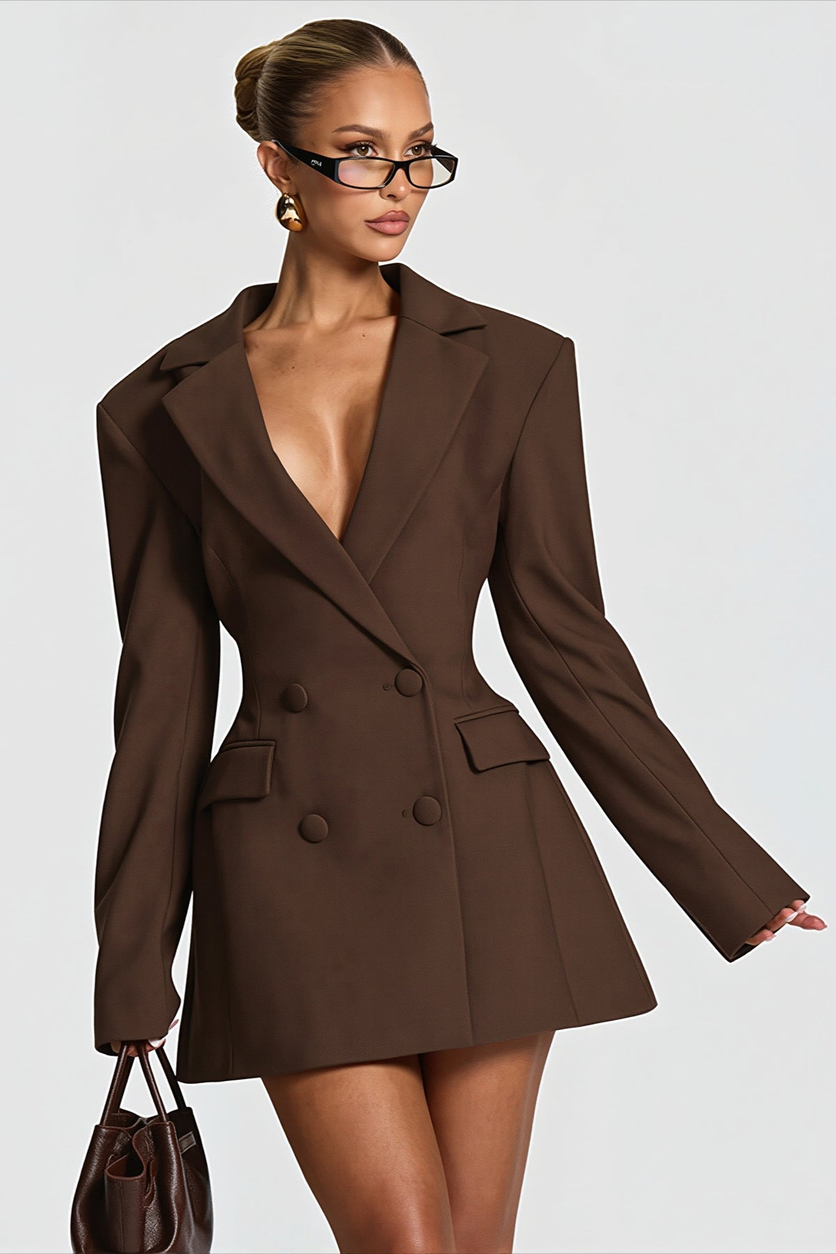 Deep V Double Breasted Cutout Waist Blazer Coat