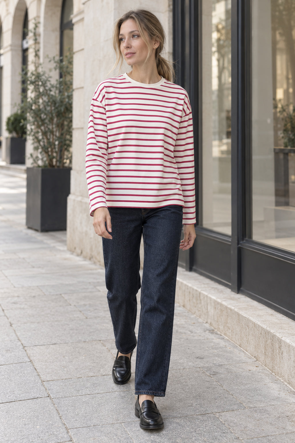 Cotton Striped Crew Neck Long Sleeve Tee