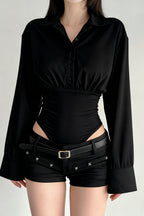 Polo Shirt Paneled Solid Slim Waist Cinching Bodysuit