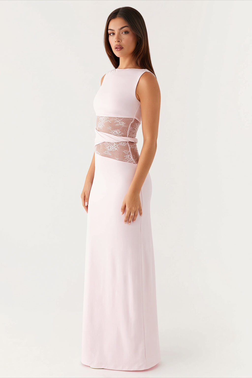 Elegant Draped Lace Panel Midi Dress