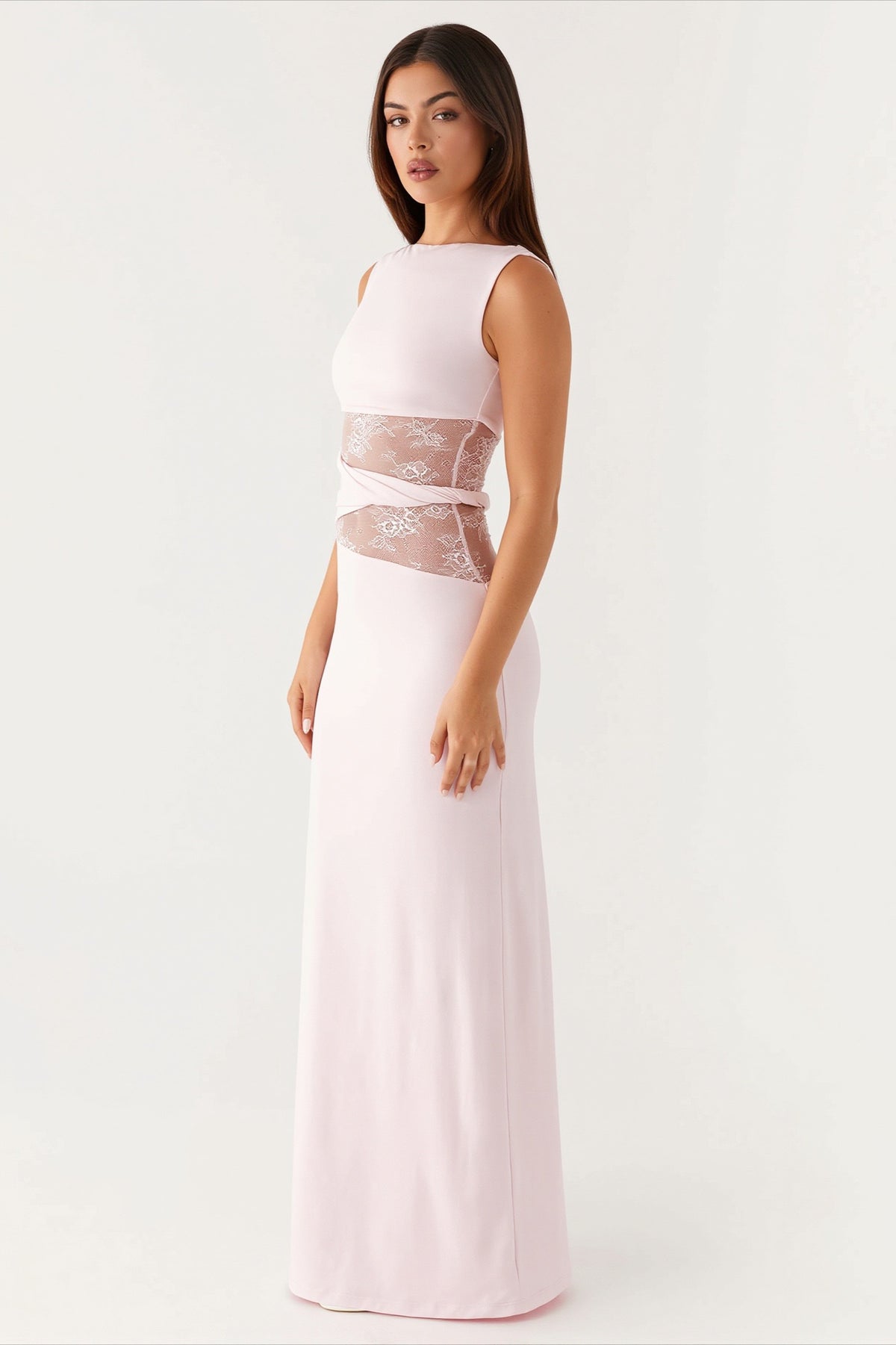 Elegant Draped Lace Panel Midi Dress