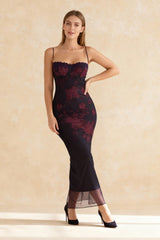 Floral Bodycon Lace Up Mesh Maxi Dress