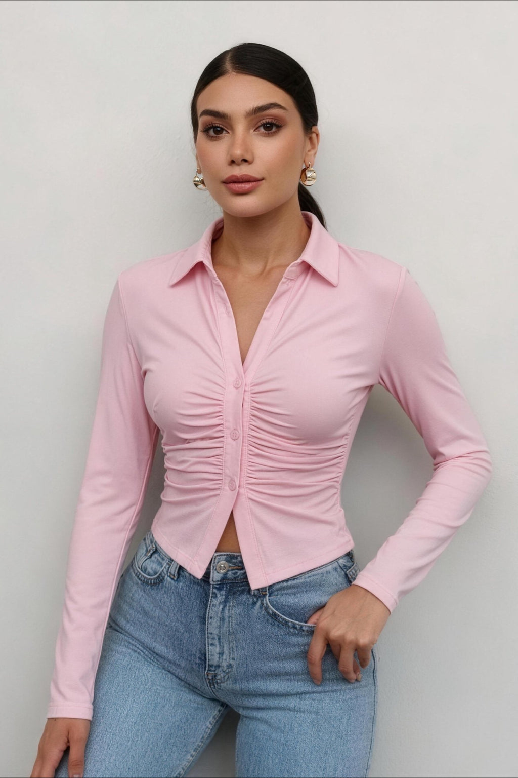 Ruched Front Stretch Fitted Long Sleeve Blouse