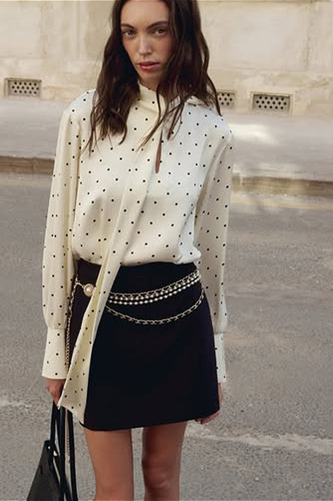 Polka Dot Tie Waist Slim Blouse Main image
