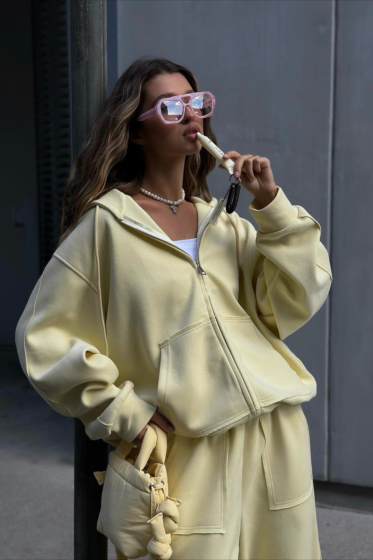 Solid Oversized Zip Front Hoodie Two Piece Set Main image
