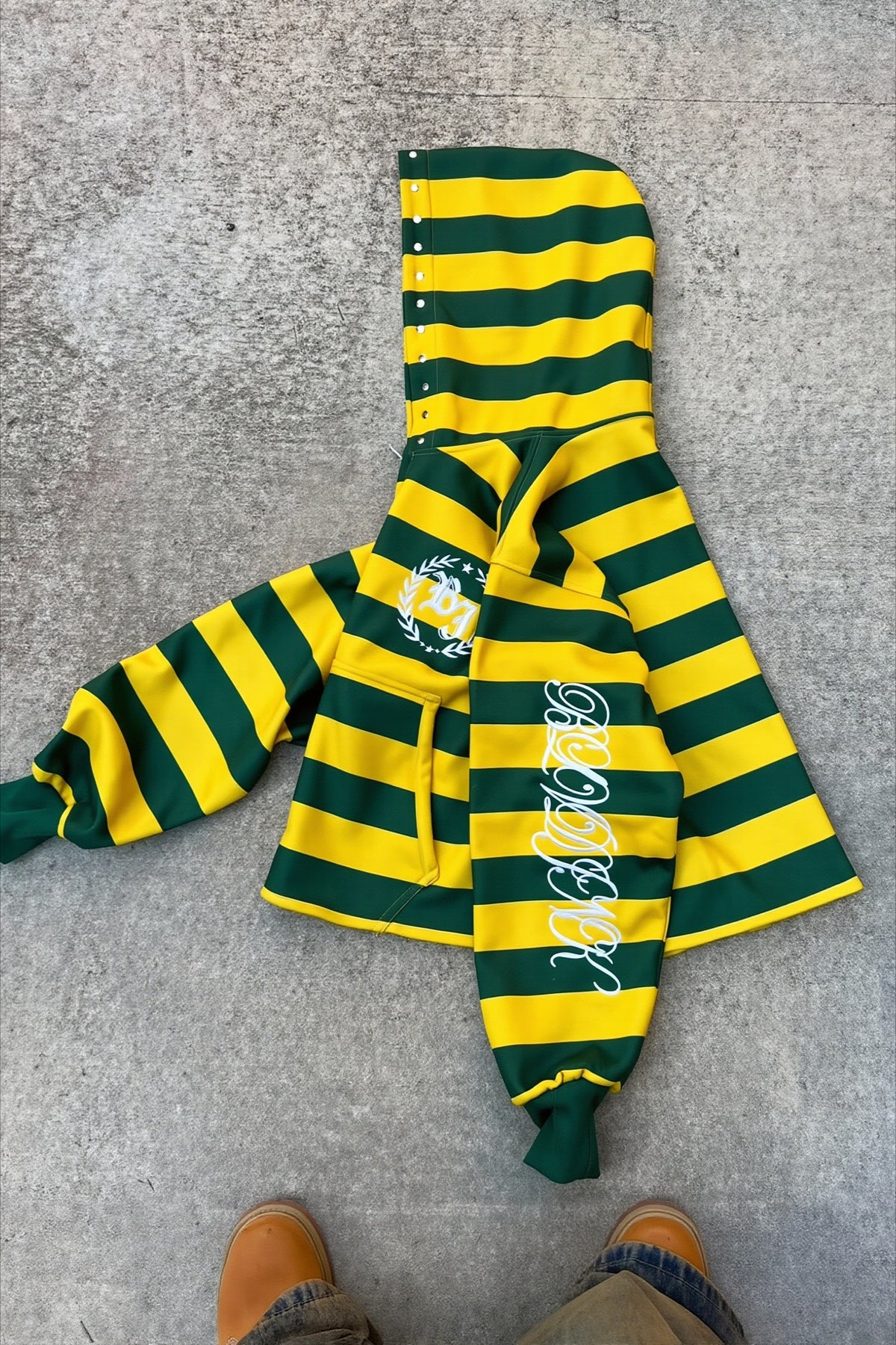 Green Yellow Striped Graphic Zip Hoodie