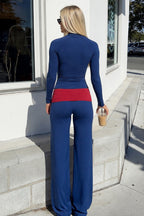 Contrast Foldover Waist Zip Top Wide Leg Pants Two Piece Set