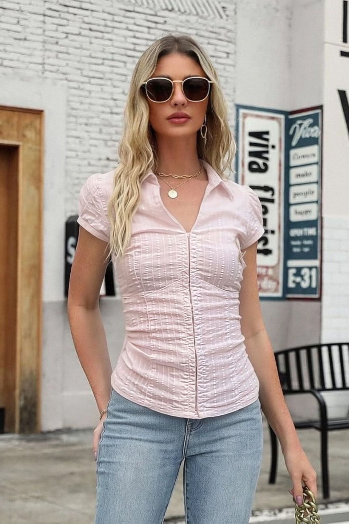 Ruched Button Front Fitted Crop Top