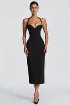 Solid Halter Neck Tie Back Midi Party Dress