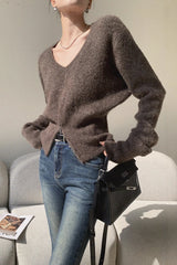 Brown V-Neck Soft Knit Top