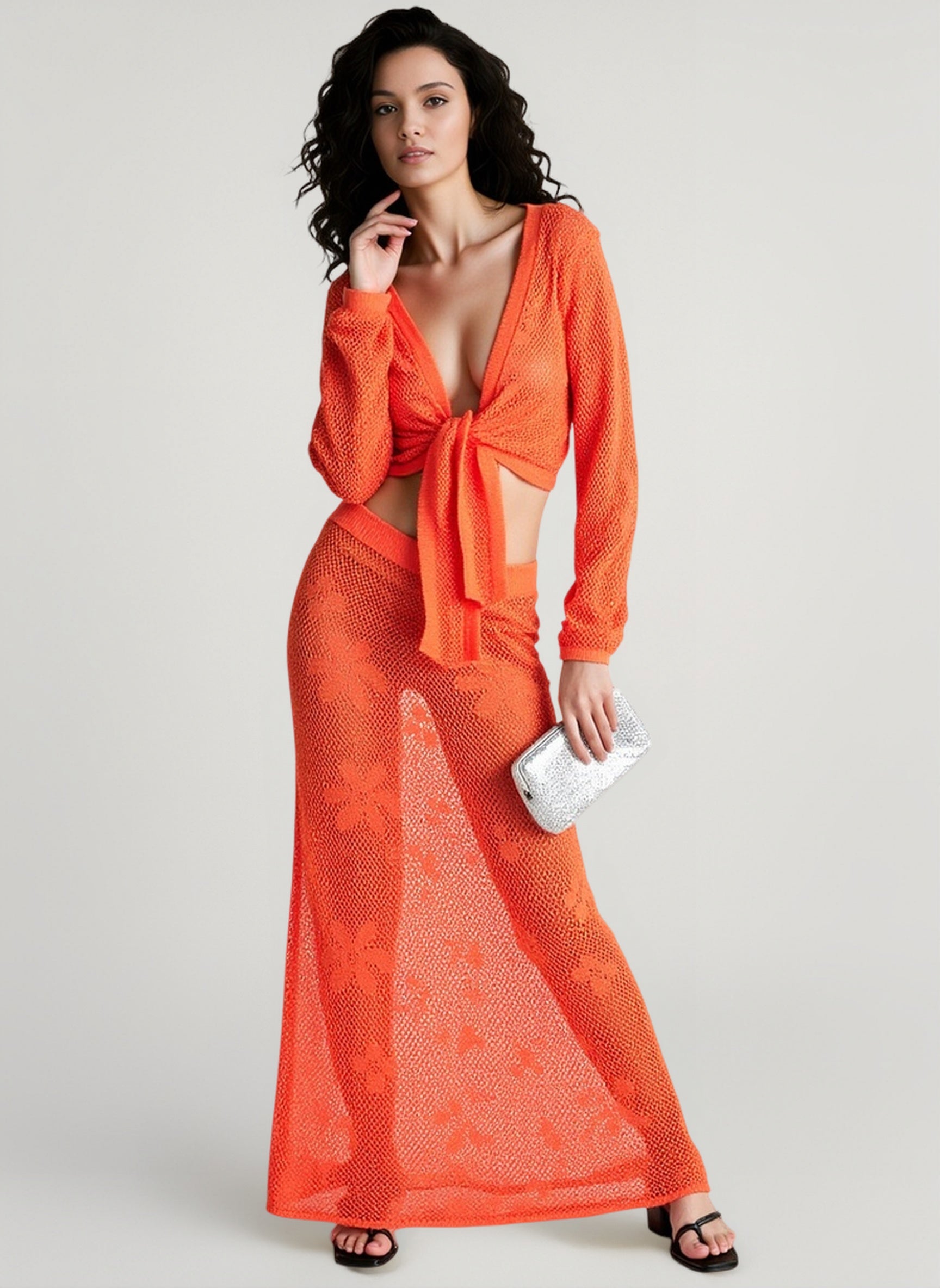 Knit Cutout Long Sleeve Crop Top Skirt Vacation Set Main image