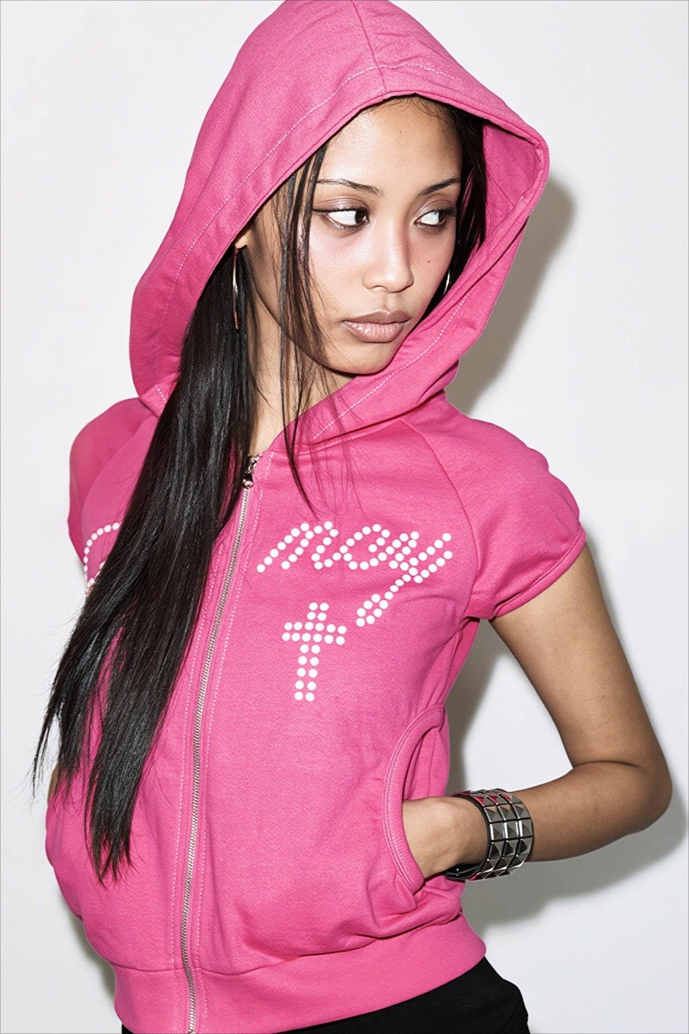 Rhinestone Cross Short Sleeve Zip Hoodie Secondary image