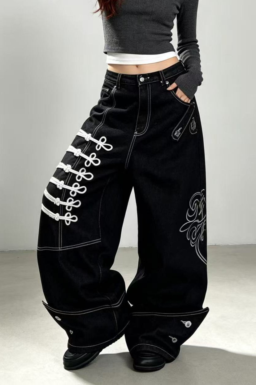 Embroidered Ribbon Black Wide Leg Jeans