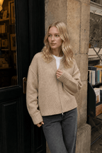 Pleated Knit O Neck Zipper Cardigan